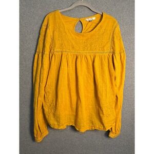 IB Diffusion Women's Mustard Yellow Embroidered Boho Peasant Top‎ XL Cottagecore